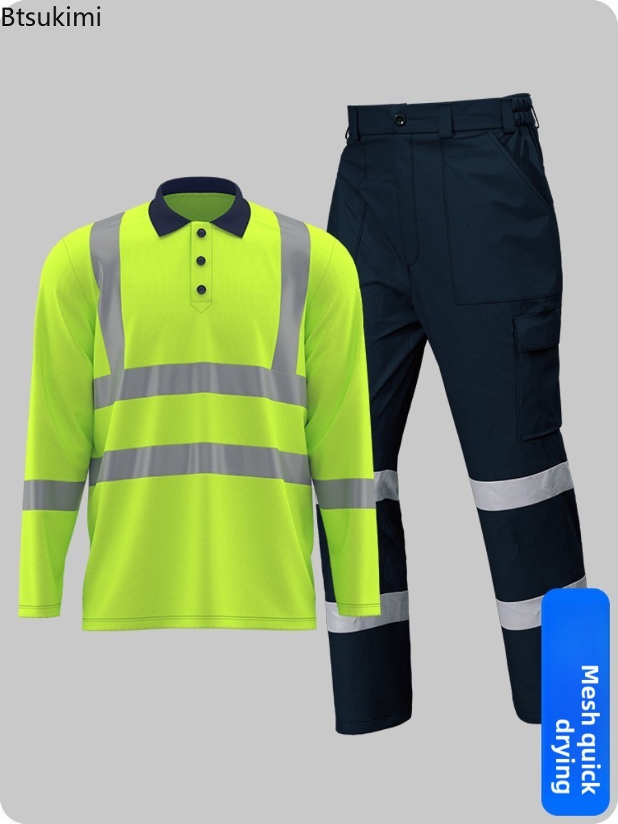 Summer Hi Vis Clothing - Hochsichtbare Sicherheitsarbeitskleidung Schnelltrocknende Polo-Shirts mit Baumwollhosen