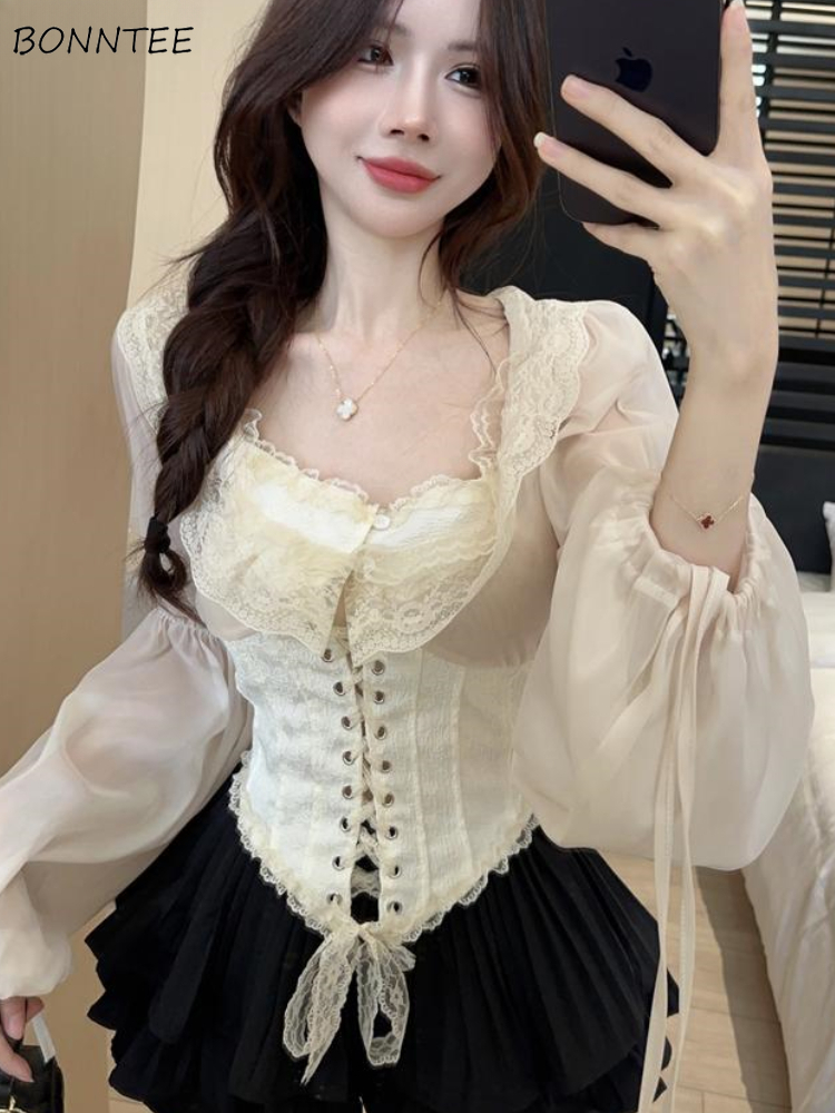 Crop Blouse Linen - Solide Bluse Frauen Lace-up Crop Tops