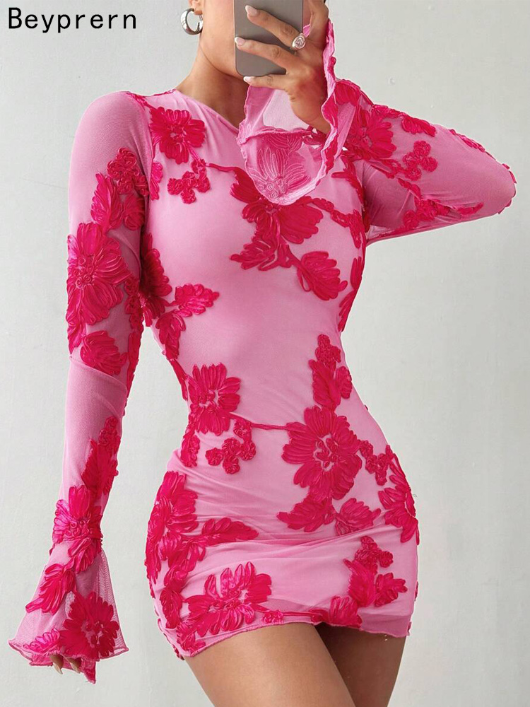 Summer Clothing Zara - Beyprern Glam rückenfreies rosafarbenes Blumen-Mesh-Kurzkleid, elegante