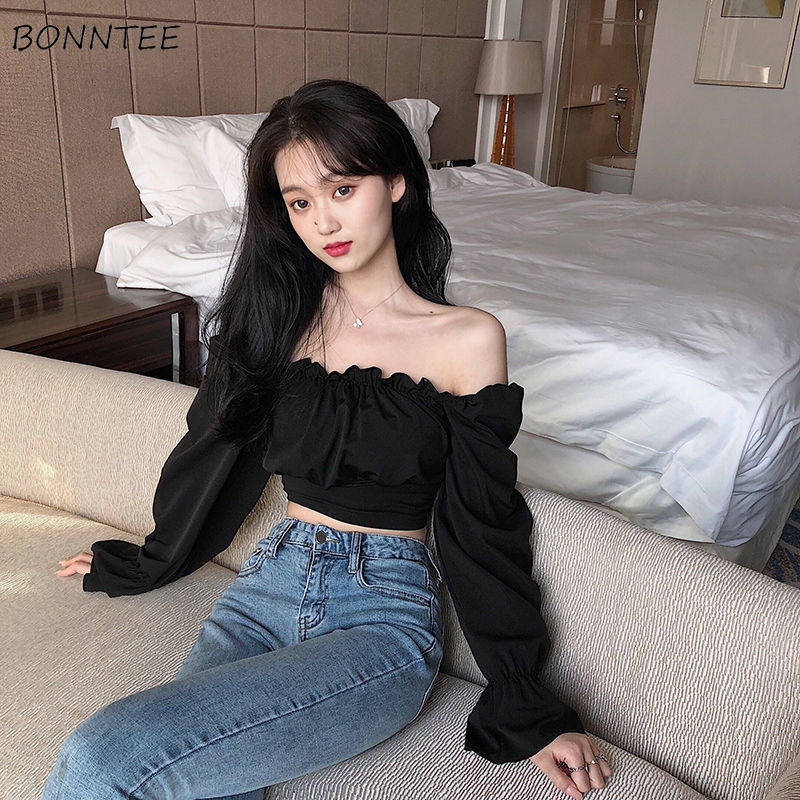 Crop Blouse Linen - Blusen Frauen Schwarz Puff Sleeve Sexy