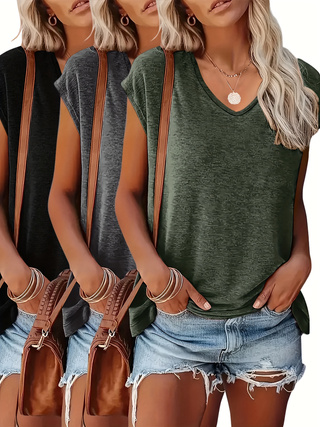 Summer Clothing Drop - 3er-Pack einfarbige Oberteile mit V-Ausschnitt und