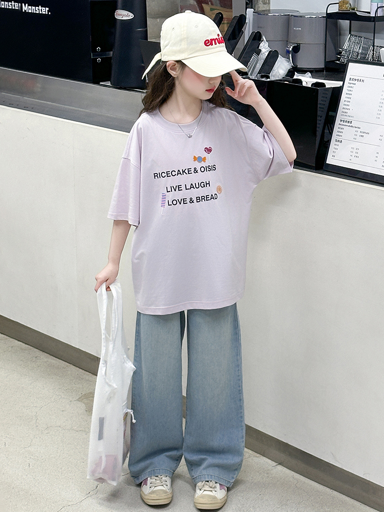 Summer Clothing Girls - Mädchen Sommer Kurzarm-T-Shirt-Set Lässiger Denim Zweiteiler