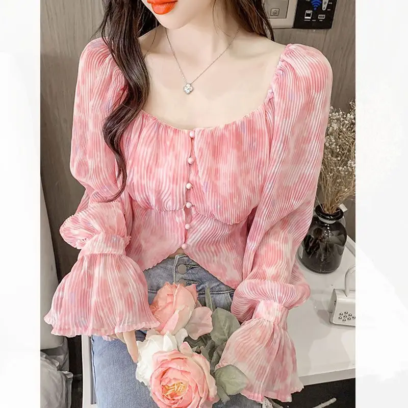 Crop Blouse Linen - Sexy Kawaii Süße Square Neck Print
