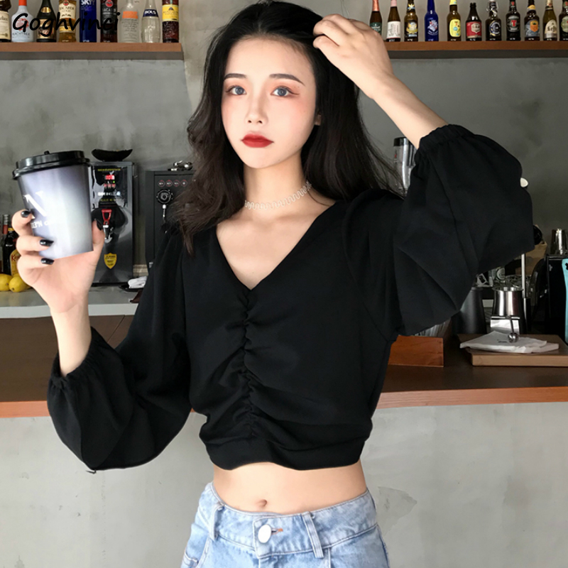 Crop Blouse Linen - Blusen Frauen V-ausschnitt Lange Puff Sleeve