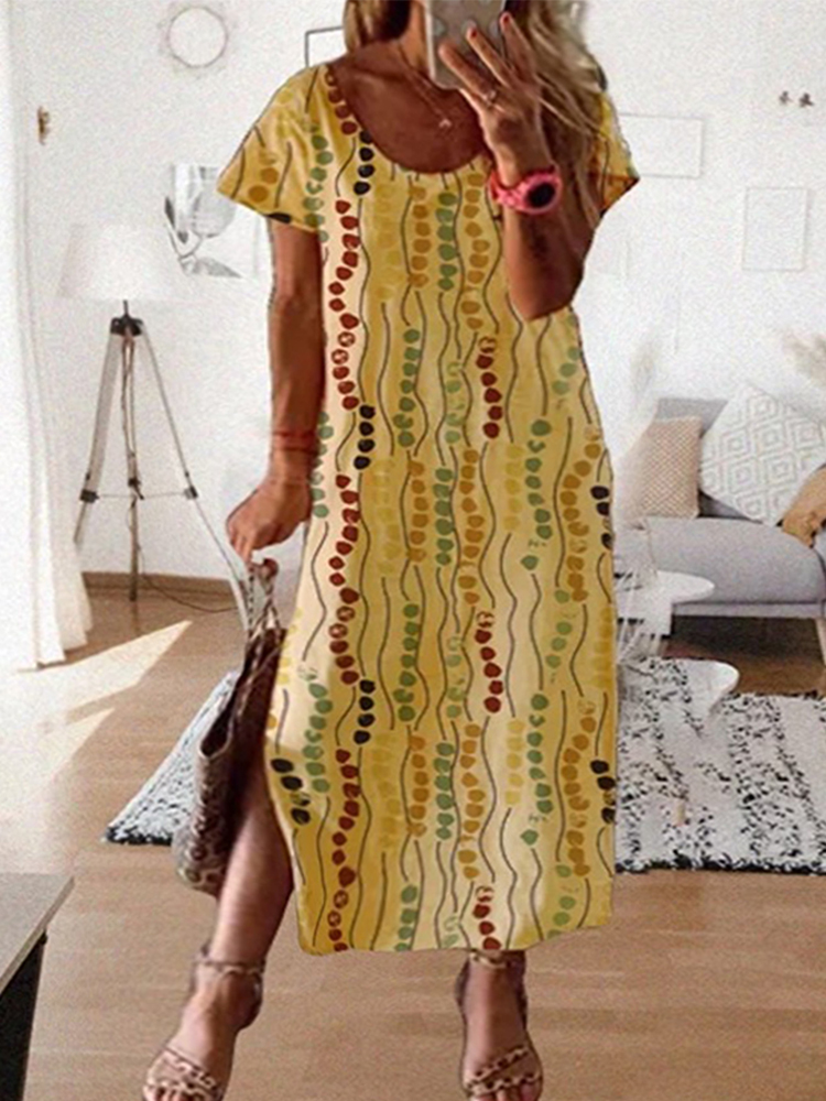 Summer Clothing For Older Women - Gelbes bedrucktes Midikleid in Übergröße, lockeres
