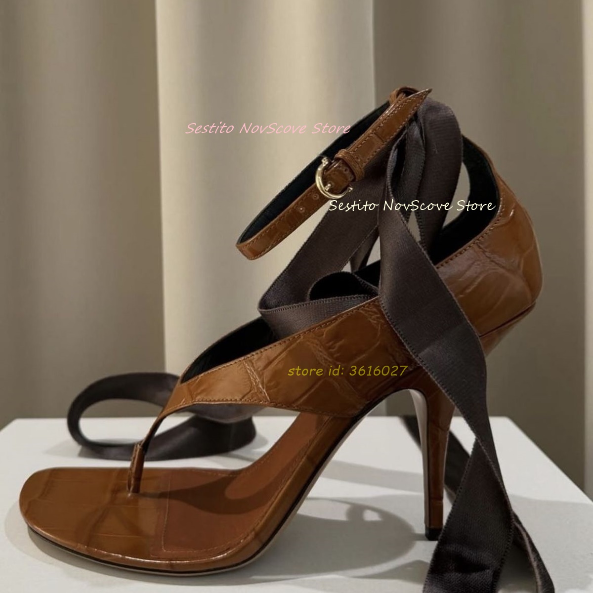 Summer Holiday Clothing Women - Braune offene Zehen-Schnürsandalen, Flip-Flops, Knöchelriemen, Schnalle,